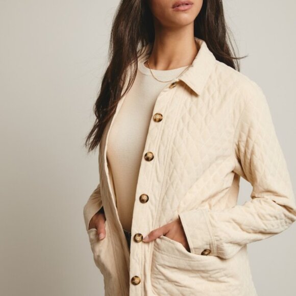 Diamond Quilted Corduroy Button-Up Jacket in Ecru - Picture 2 of 16